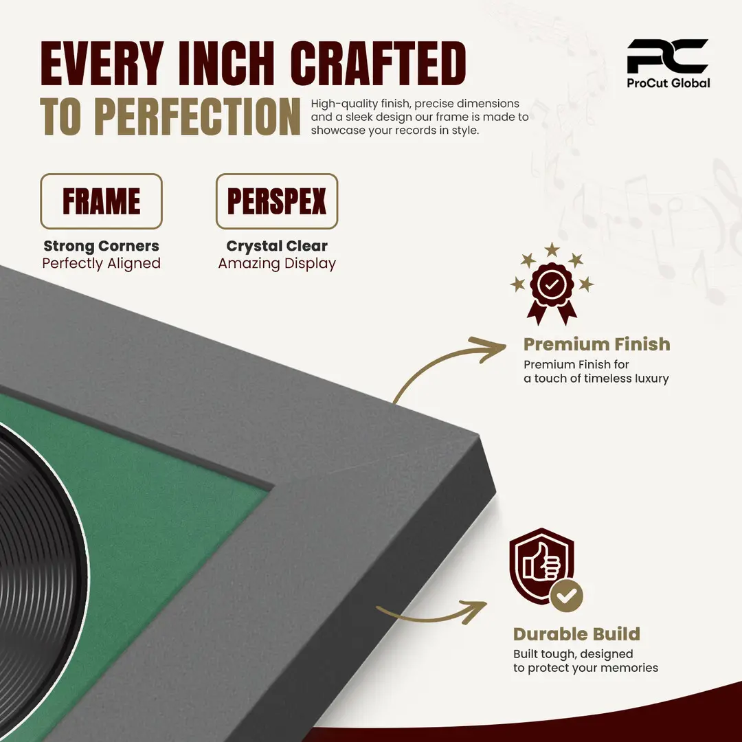 16x16" Modern Dark Grey Vinyl Record Frame With Emerald (Green) Mount For 12" LP Discs | Elegant Frame For Music Lovers thumbnail 7