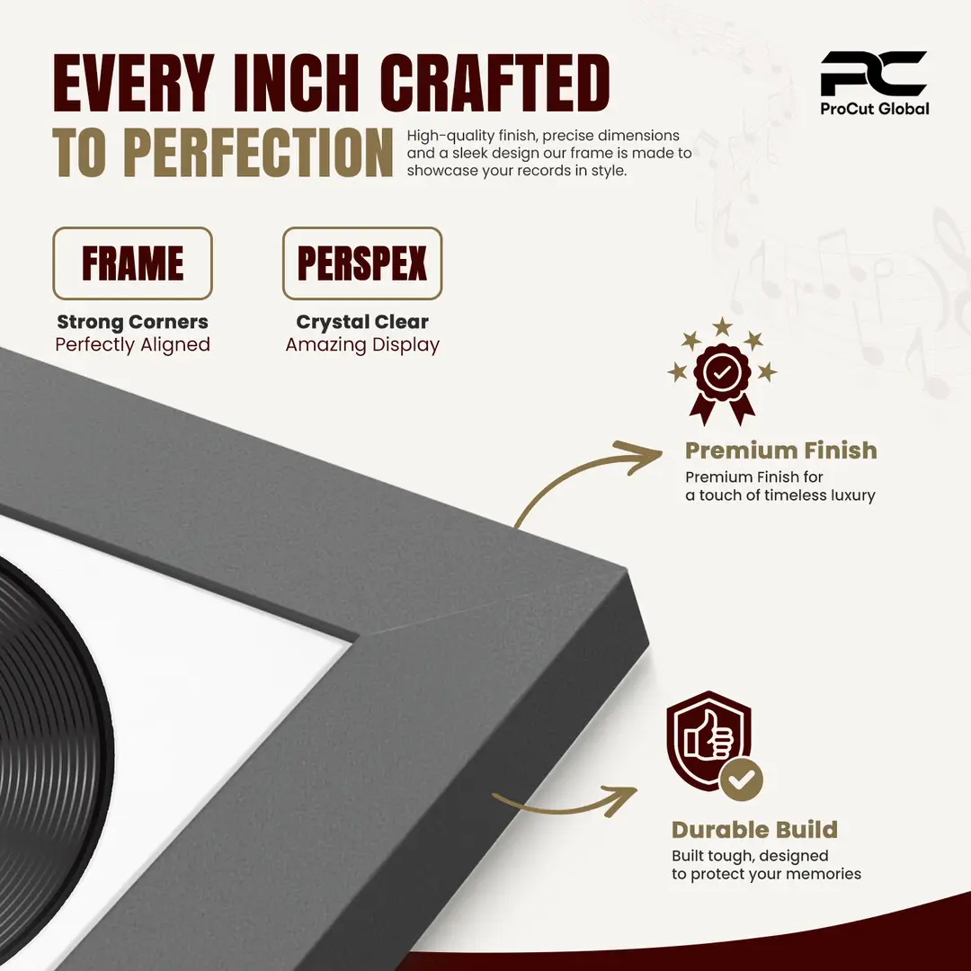 16x16" Modern Dark Grey Vinyl Record Frame With Ice White Mount For 12" LP Discs | Elegant Frame For Music Lovers thumbnail 7