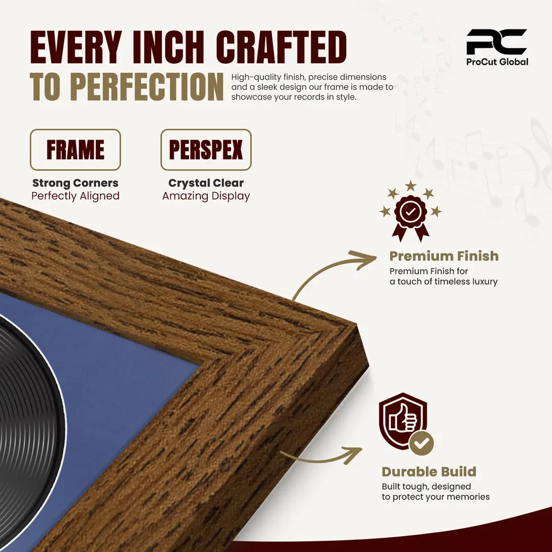 16x16" Modern Dark Oak Vinyl Record Frame With Blue Mount For 12" LP Discs | Premium Wall Frame For Music Enthusiasts thumbnail 7