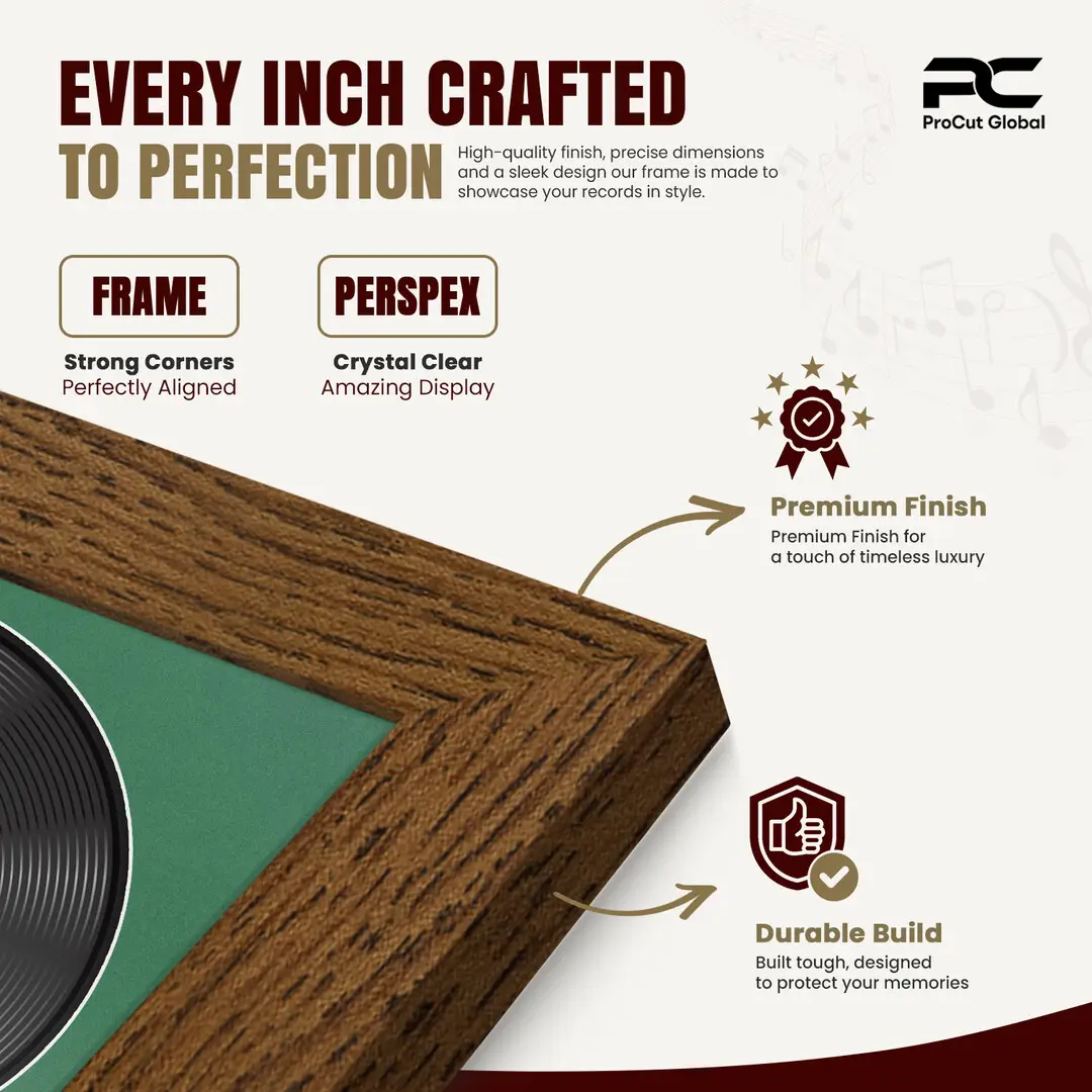 16x16" Modern Dark Oak Vinyl Record Frame With Emerald (Green) Mount For 12" LP Discs | Elegant Frame For Music Lovers thumbnail 7