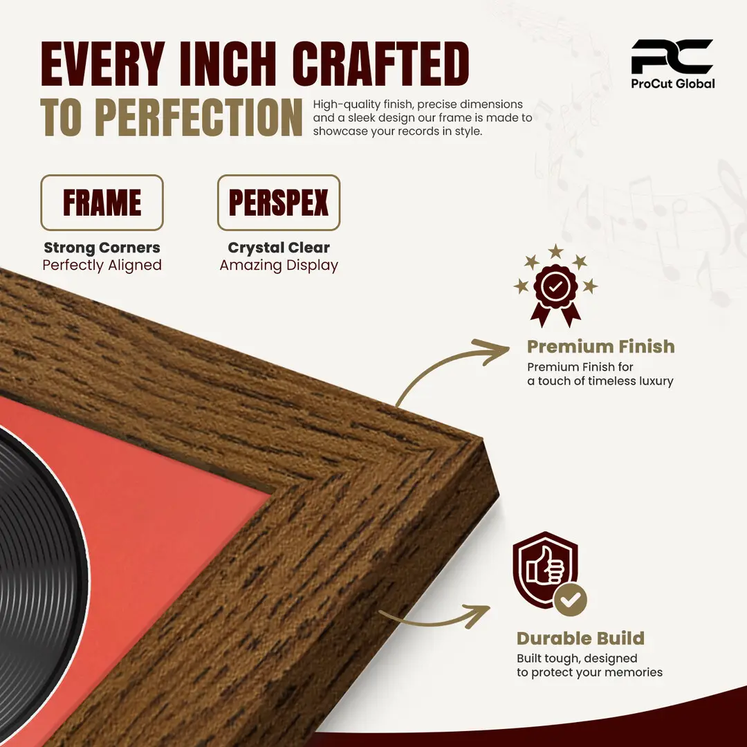 16x16" Modern Dark Oak Vinyl Record Frame With Poppy Red Mount For 12" LP Discs | Contemporary Wall Display thumbnail 7