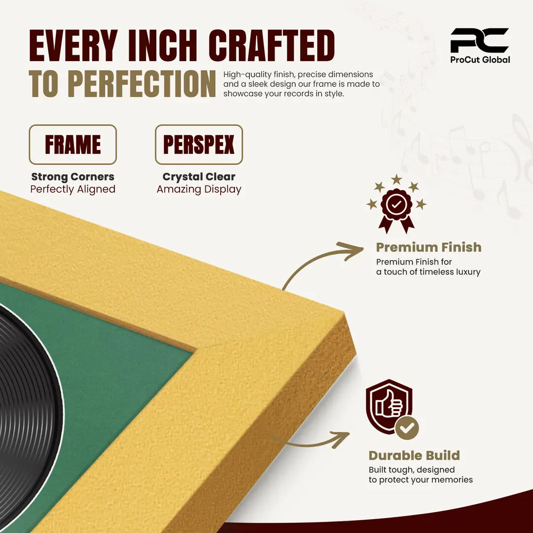 16x16" Modern Gold Vinyl Record Frame With Emerald (Green) Mount For 12" LP Discs | Elegant Frame For Music Lovers thumbnail 7