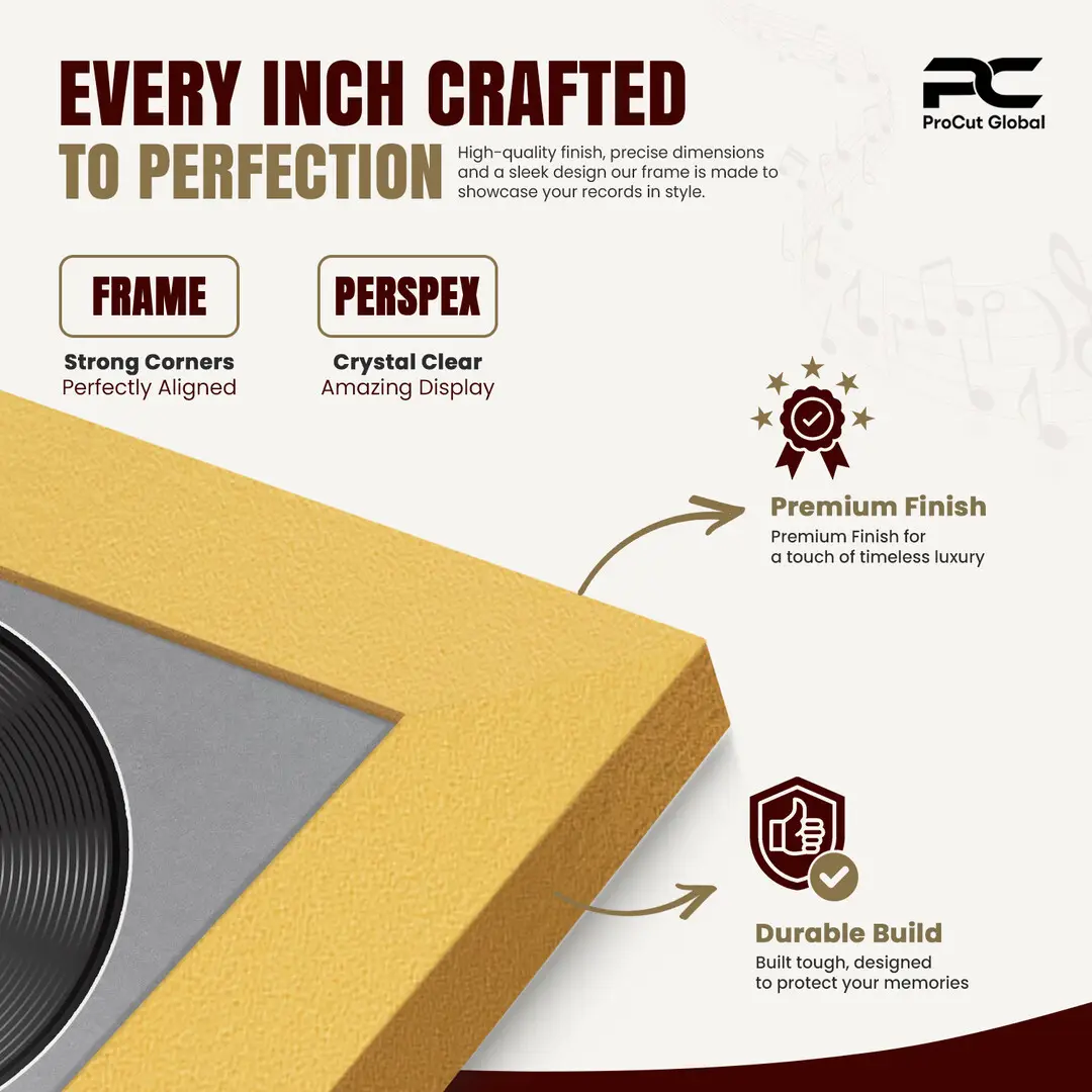 16x16" Modern Gold Vinyl Record Frame With Mid Grey Mount For 12" LP Discs | Contemporary Wall Display thumbnail 7