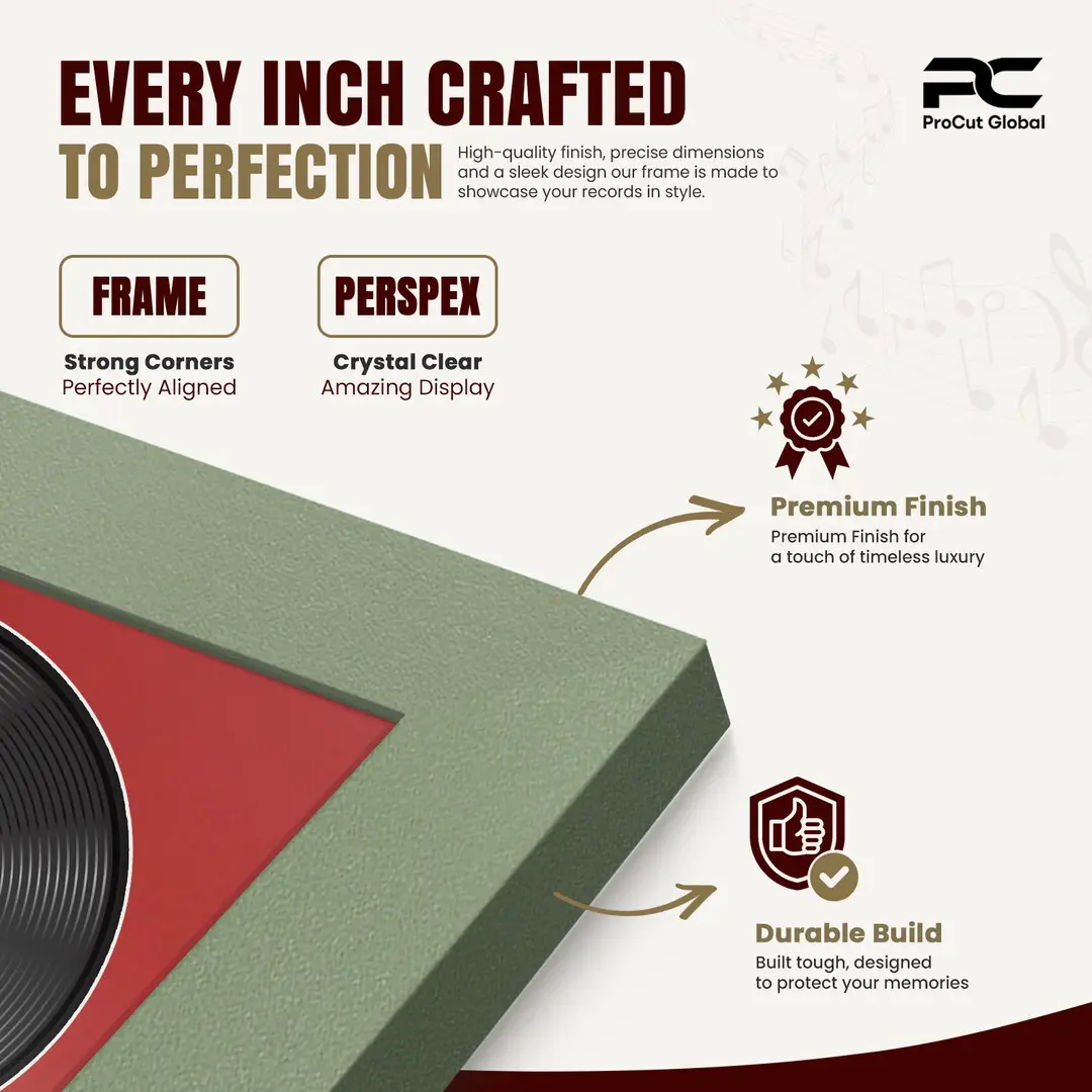 16x16" Modern Green Vinyl Record Frame With Crimson Mount For 12" LP Discs | Contemporary Wall Display thumbnail 7