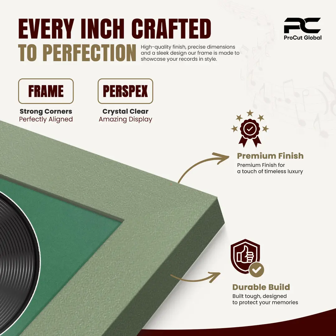 16x16" Modern Green Vinyl Record Frame With Emerald (Green) Mount For 12" LP Discs | Premium Wall Frame For Music Enthusiasts thumbnail 7