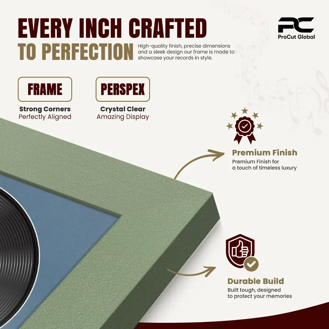 16x16" Modern Green Vinyl Record Frame With Pompador Mount For 12" LP Discs | Elegant Frame For Music Lovers thumbnail 7