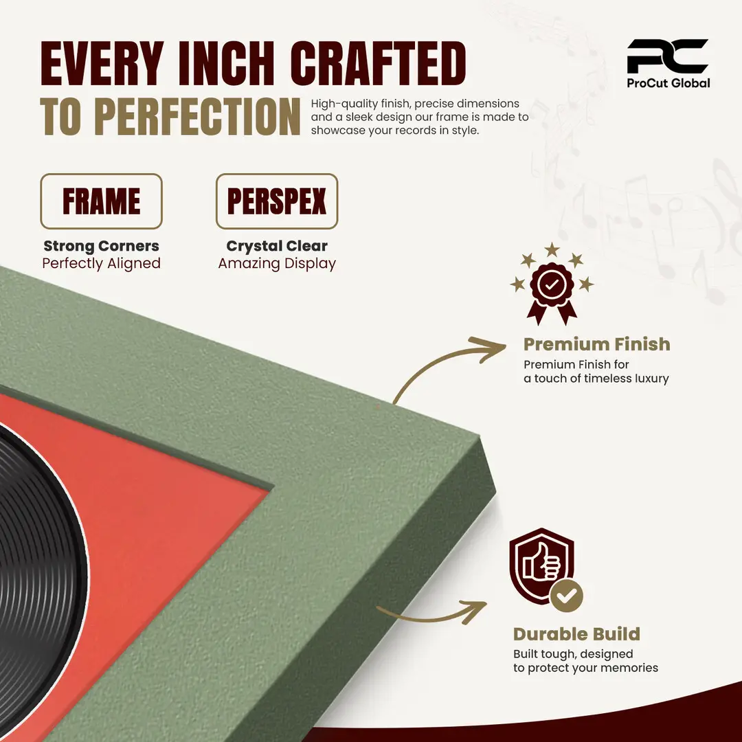 16x16" Modern Green Vinyl Record Frame With Poppy Red Mount For 12" LP Discs | Elegant Frame For Music Lovers thumbnail 7
