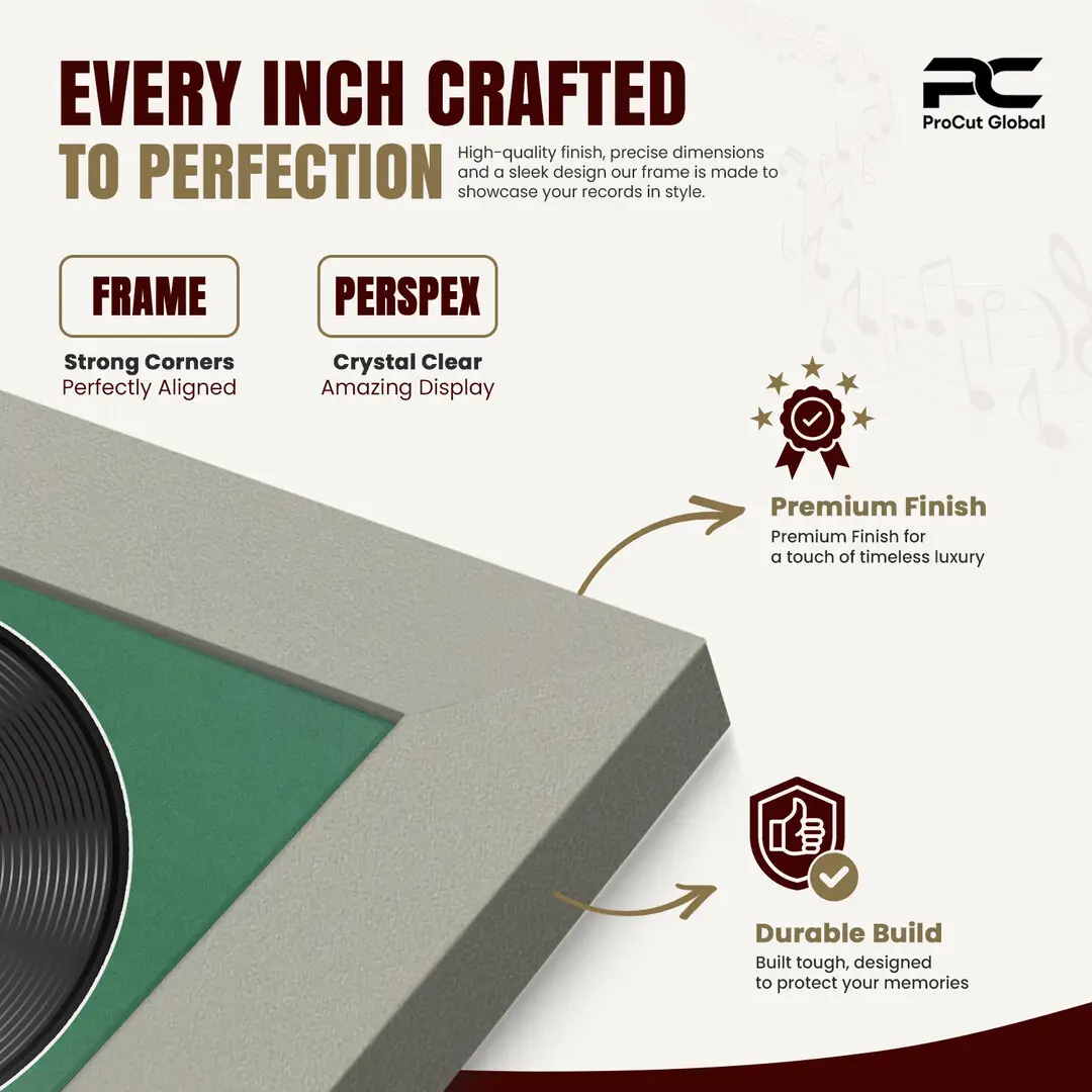 16x16" Modern Light Grey Vinyl Record Frame With Emerald (Green) Mount For 12" LP Discs | Premium Wall Frame For Music Enthusiasts thumbnail 7
