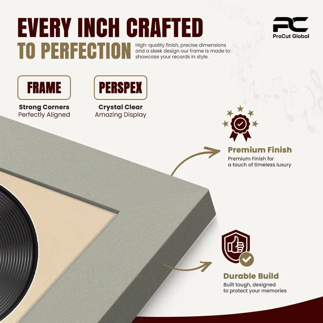 16x16" Modern Light Grey Vinyl Record Frame With Ivory Mount For 12" LP Discs | Elegant Frame For Music Lovers thumbnail 7