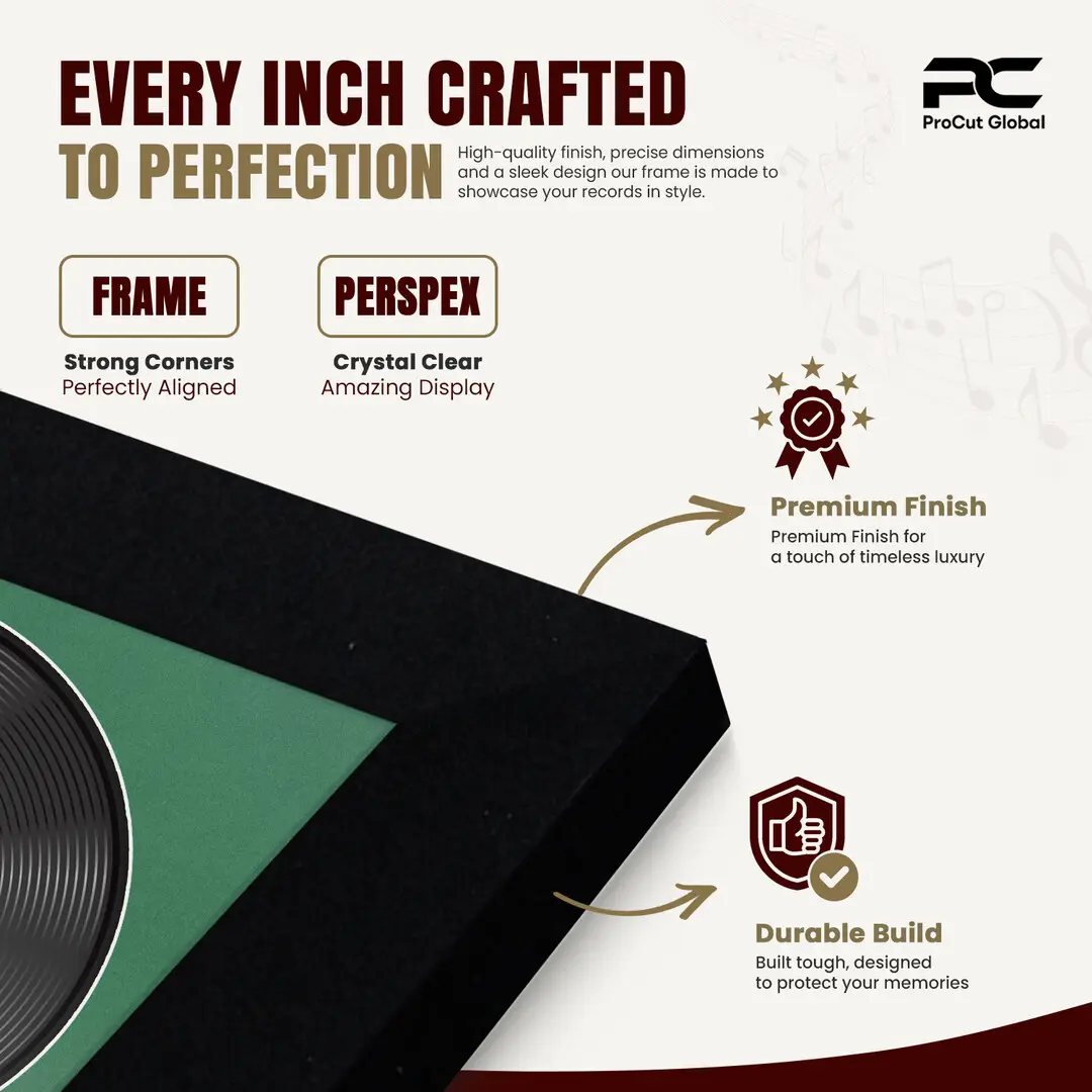16x16" Modern Matte Black Vinyl Record Frame With Emerald (Green) Mount For 12" LP Discs | Elegant Frame For Music Lovers thumbnail 7