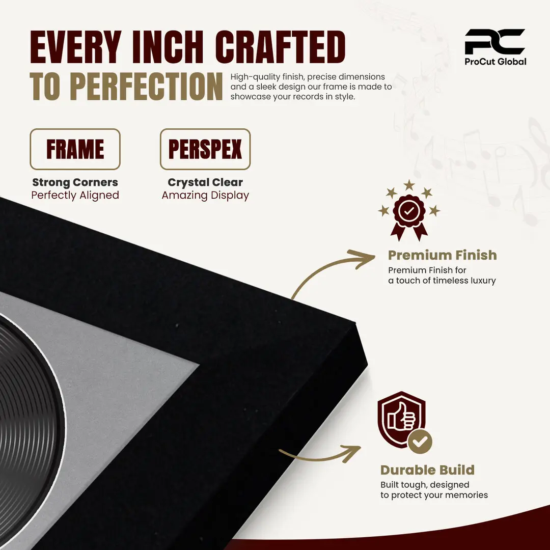 16x16" Modern Matte Black Vinyl Record Frame With Mid Grey Mount For 12" LP Discs | Elegant Frame For Music Lovers thumbnail 7