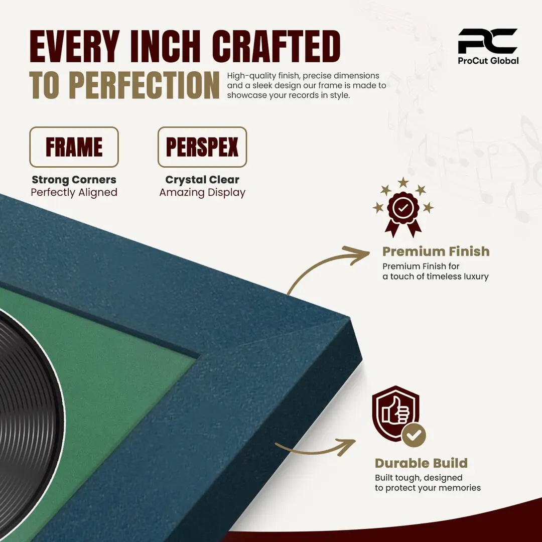 16x16" Modern Navy Blue Vinyl Record Frame With Emerald (Green) Mount For 12" LP Discs | Contemporary Wall Display thumbnail 7