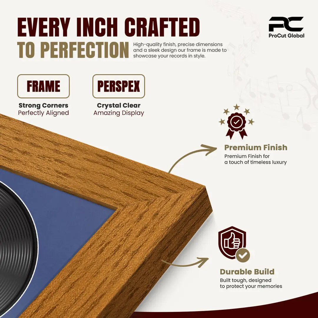 16x16" Modern Oak Vinyl Record Frame With Blue Mount For 12" LP Discs | Elegant Frame For Music Lovers thumbnail 7