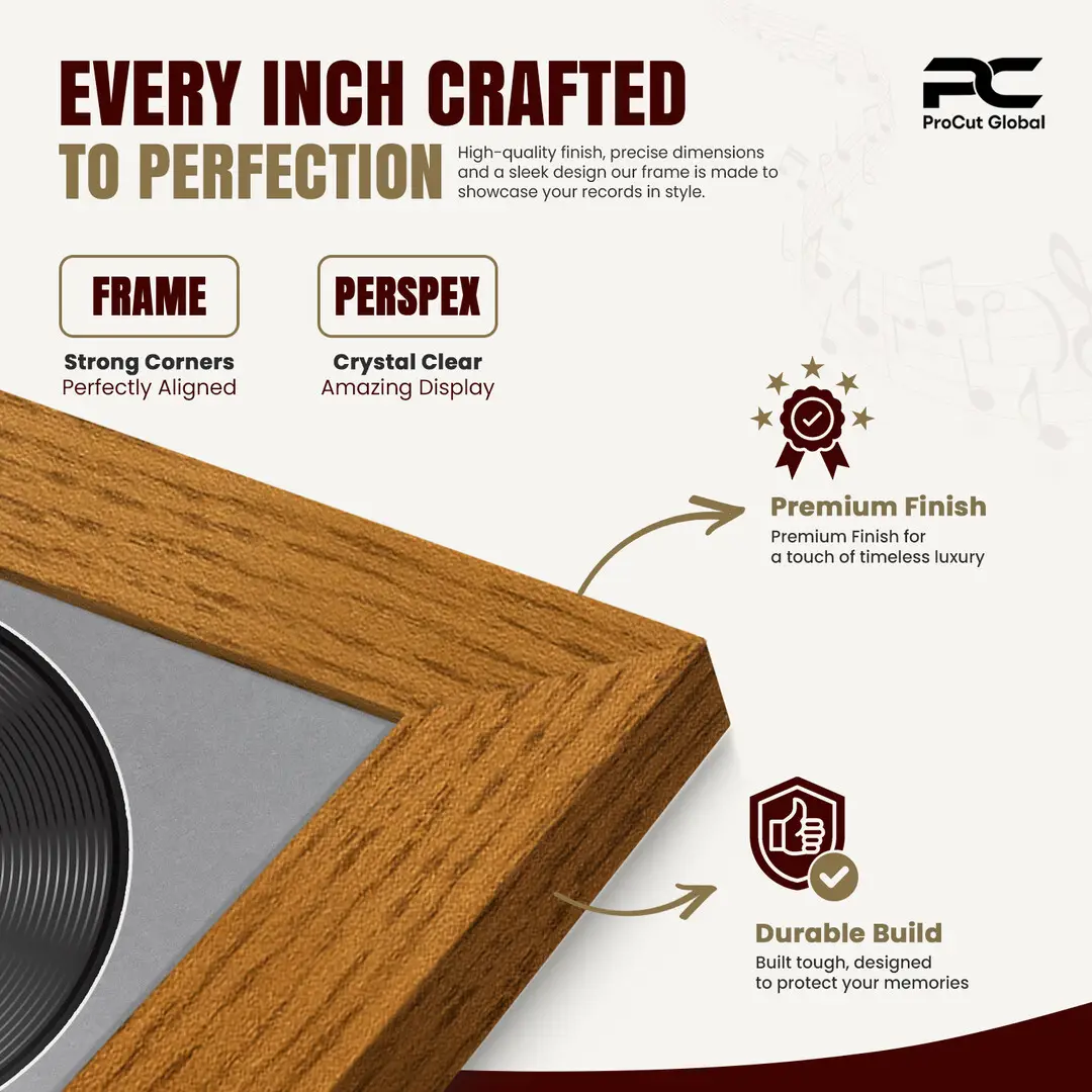 16x16" Modern Oak Vinyl Record Frame With Mid Grey Mount For 12" LP Discs | Premium Wall Frame For Music Enthusiasts thumbnail 7