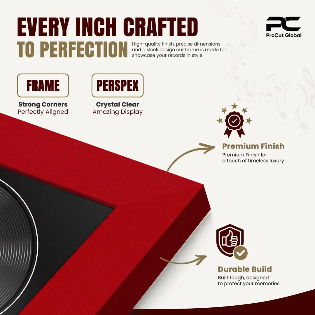 16x16" Modern Red Vinyl Record Frame With Black Mount For 12" LP Discs | Elegant Frame For Music Lovers thumbnail 7