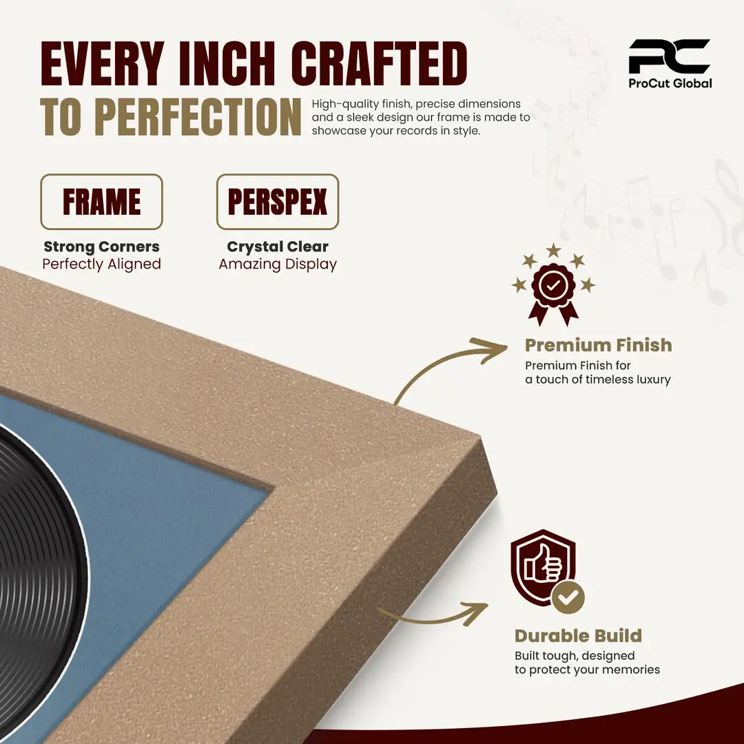16x16" Modern Rose Gold Vinyl Record Frame With Pompador Mount For 12" LP Discs | Elegant Frame For Music Lovers thumbnail 7