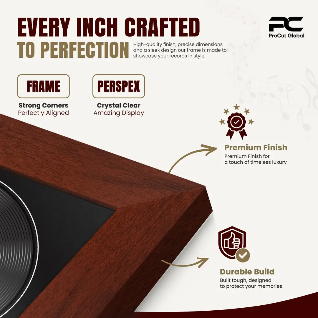 16x16" Modern Rose Wood Vinyl Record Frame With Black Mount For 12" LP Discs | Elegant Frame For Music Lovers thumbnail 7