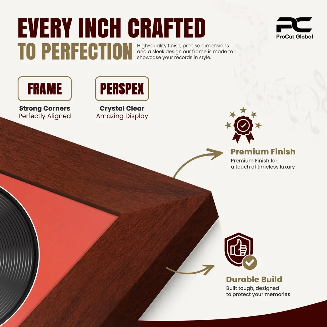 16x16" Modern Rose Wood Vinyl Record Frame With Poppy Red Mount For 12" LP Discs | Elegant Frame For Music Lovers thumbnail 7