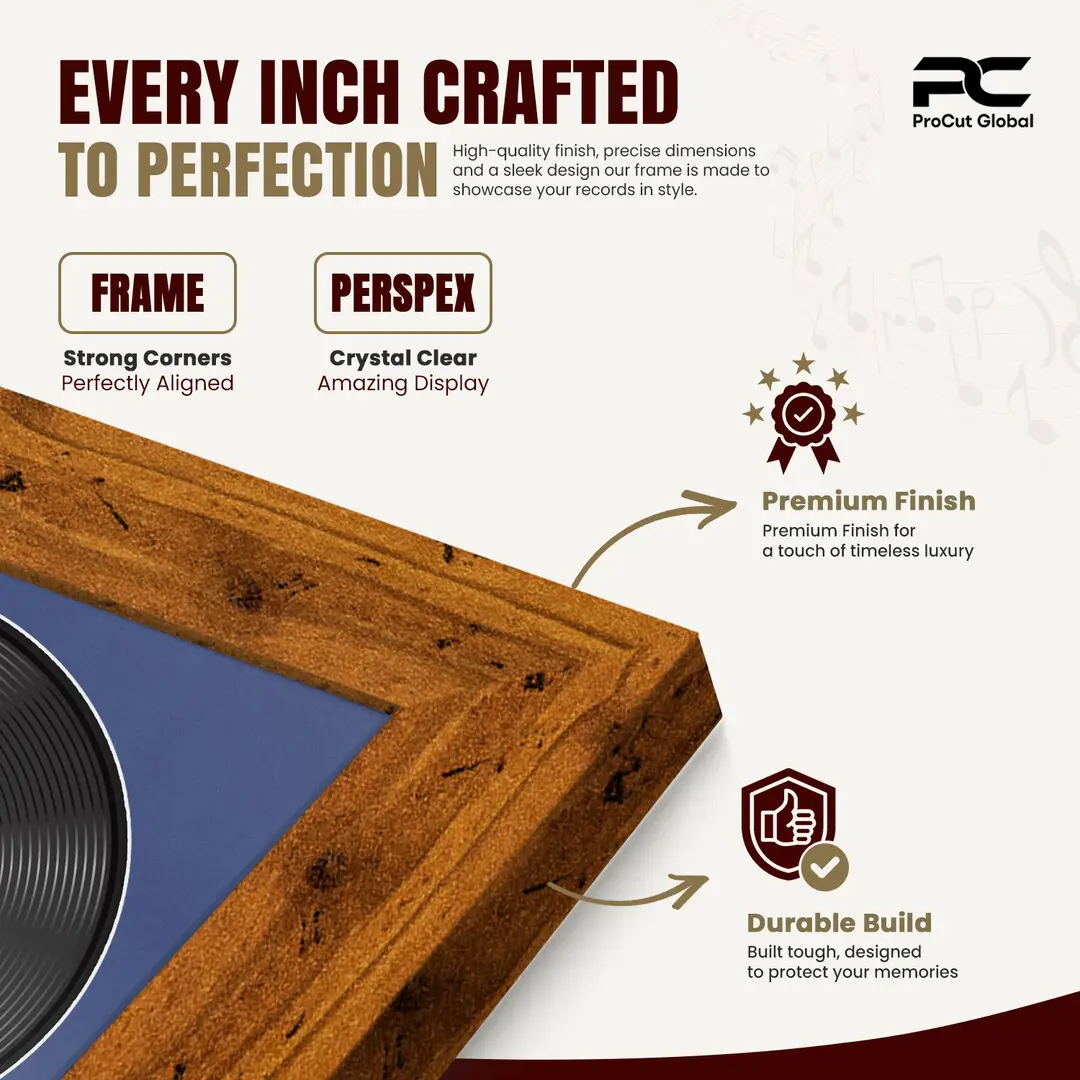16x16" Modern Rustic Oak Vinyl Record Frame With Blue Mount For 12" LP Discs | Premium Wall Frame For Music Enthusiasts thumbnail 7
