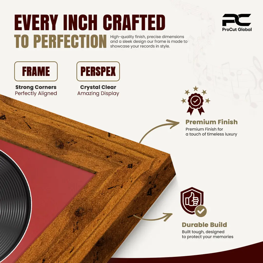 16x16" Modern Rustic Oak Vinyl Record Frame With Crimson Mount For 12" LP Discs | Premium Wall Frame For Music Enthusiasts thumbnail 7