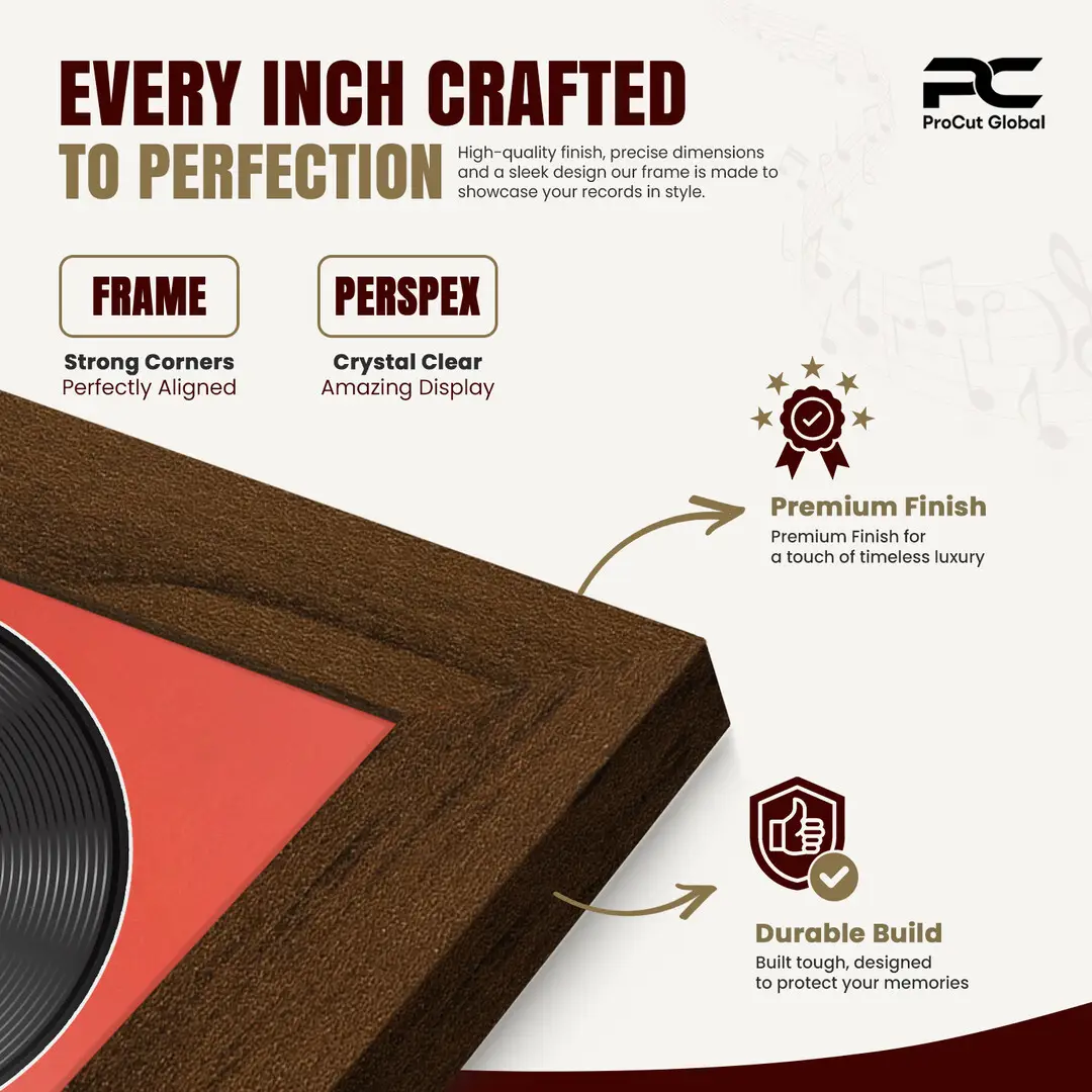 16x16" Modern Walnut Vinyl Record Frame With Poppy Red Mount For 12" LP Discs | Premium Wall Frame For Music Enthusiasts thumbnail 7