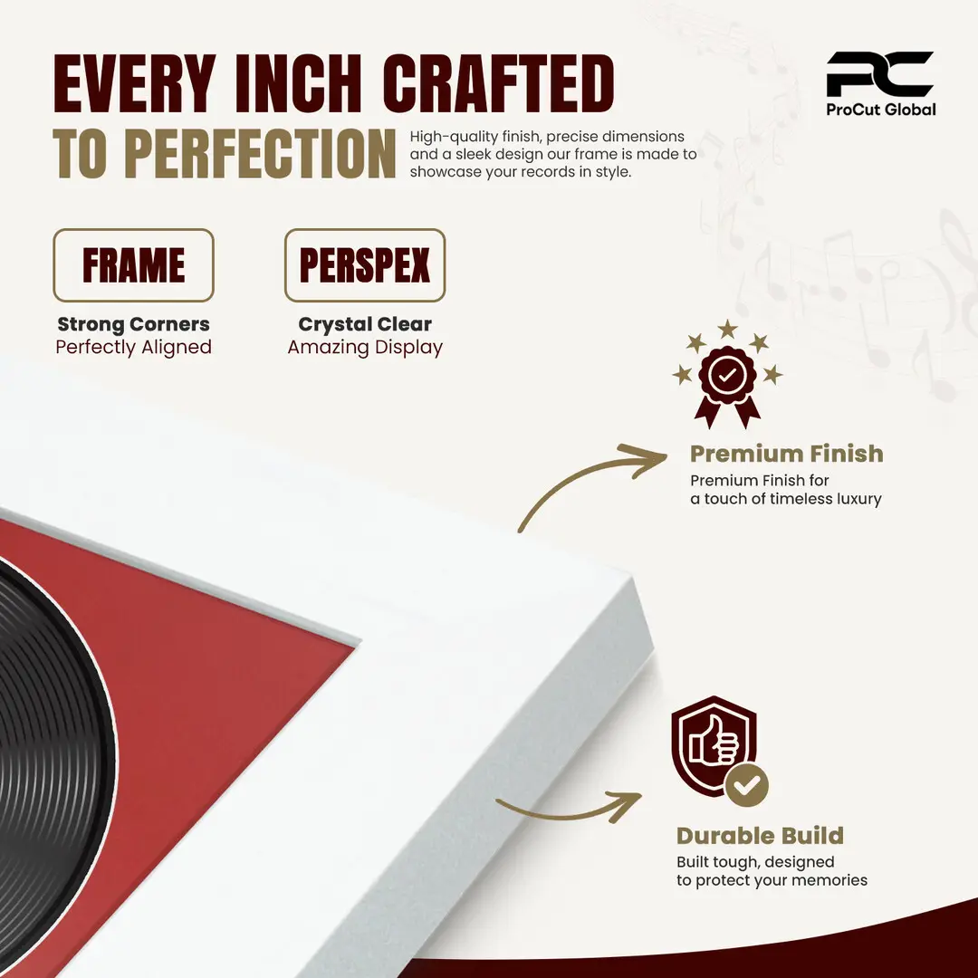 16x16" Modern White Vinyl Record Frame With Crimson Mount For 12" LP Discs | Elegant Frame For Music Lovers thumbnail 7