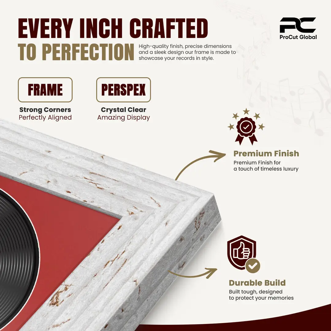 16x16" Modern White Rustic Vinyl Record Frame With Crimson Mount For 12" LP Discs | Elegant Frame For Music Lovers thumbnail 7
