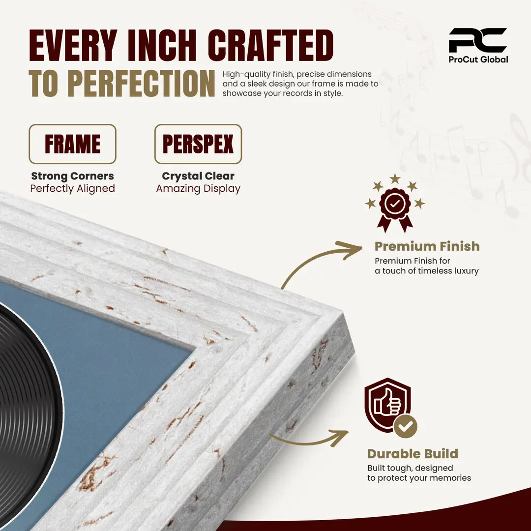 16x16" Modern White Rustic Vinyl Record Frame With Pompador Mount For 12" LP Discs | Contemporary Wall Display thumbnail 7