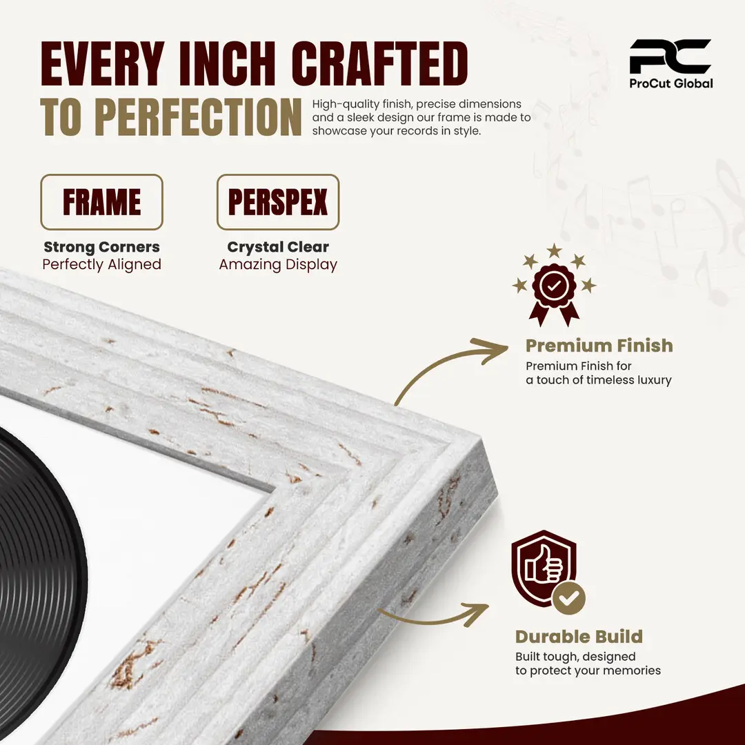 16x16" Modern White Rustic Vinyl Record Frame With Ice White Mount For 12" LP Discs | Elegant Frame For Music Lovers thumbnail 7