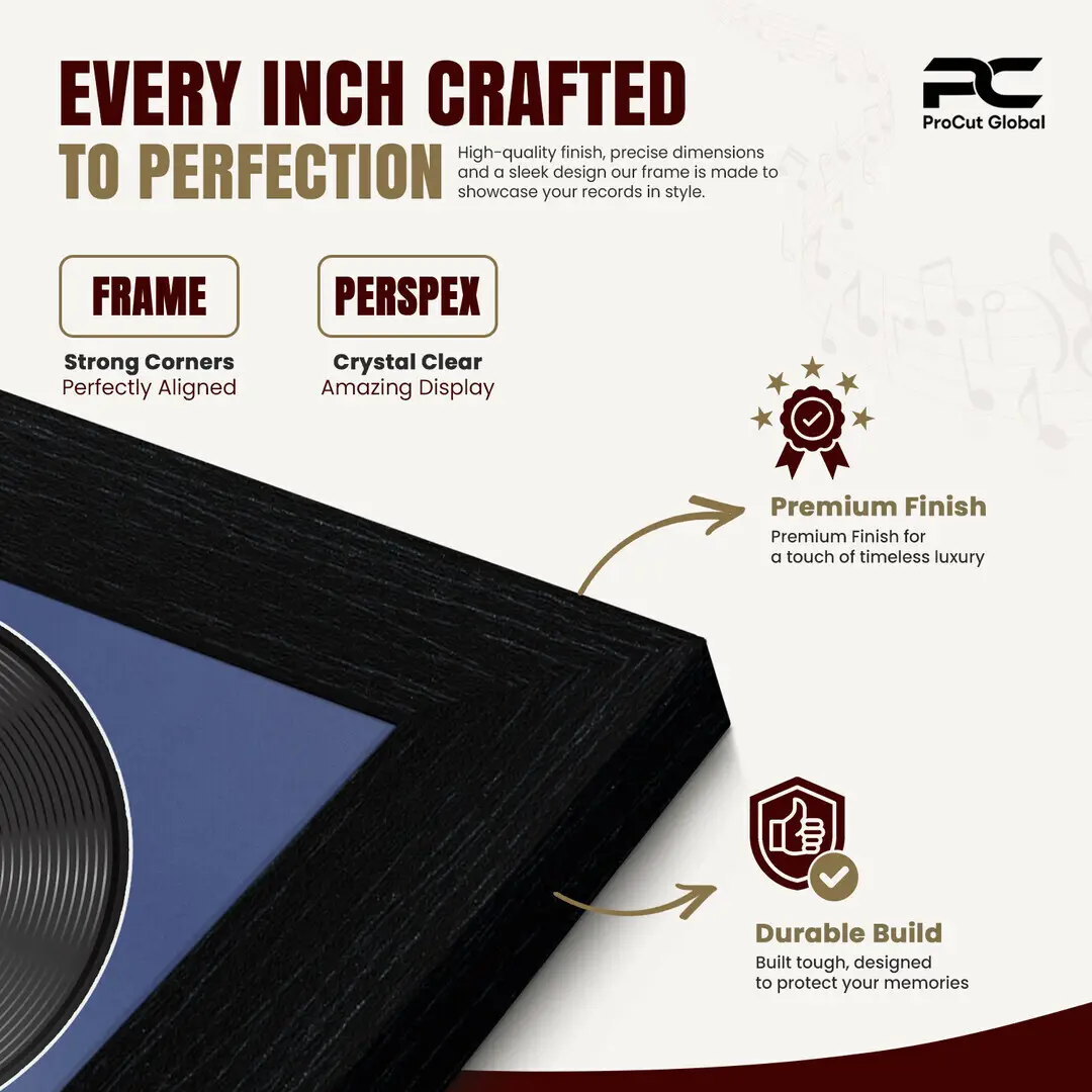 25x17" Modern Black Vinyl Record Frame For 12 Inch LP Cover & Disc With Blue Mount | Overlapped Vinyl Display thumbnail 7