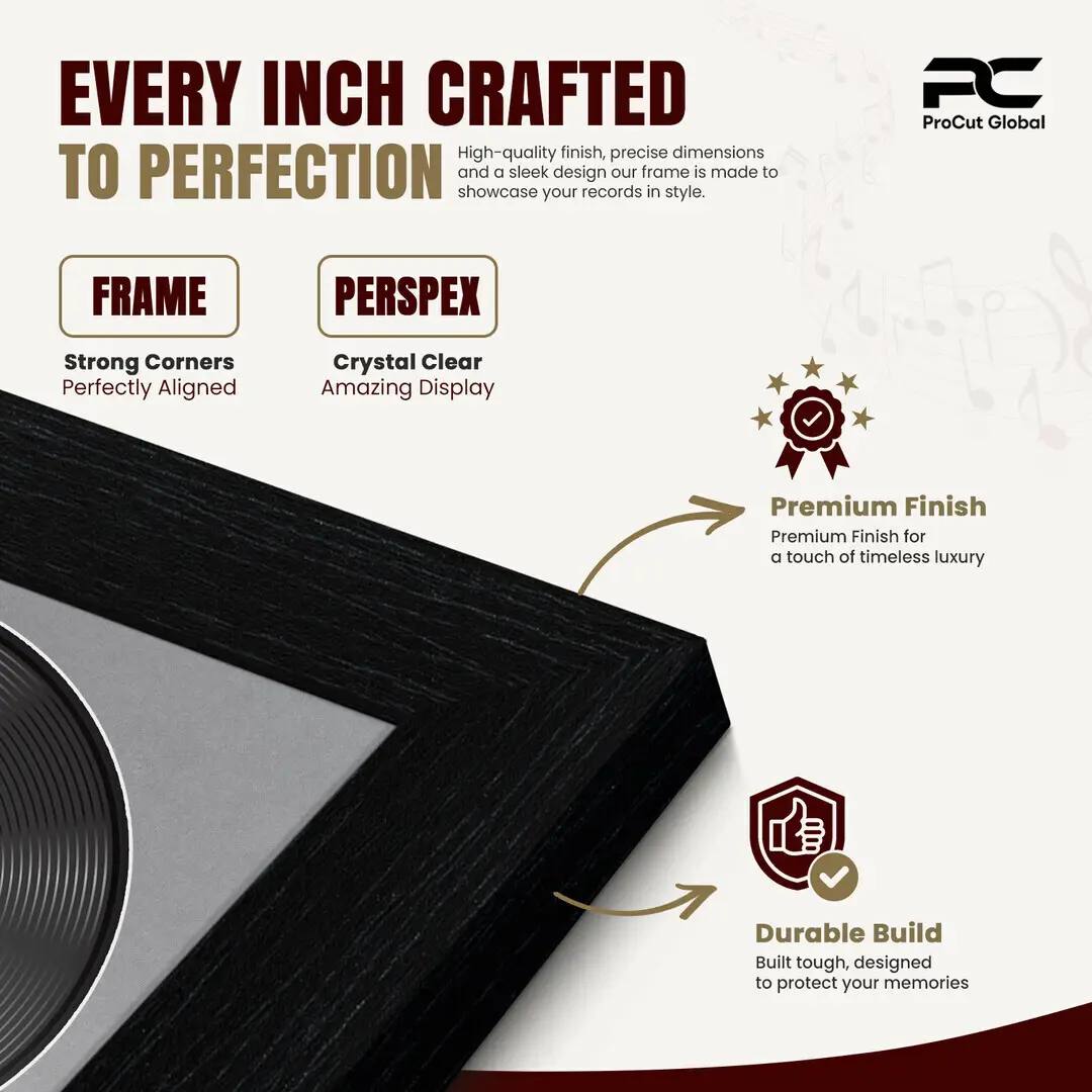 25x17" Modern Black Vinyl Record Frame For 12 Inch LP Cover & Disc (Overlapped) With Mid Grey Mount | Elegant Music Display thumbnail 7