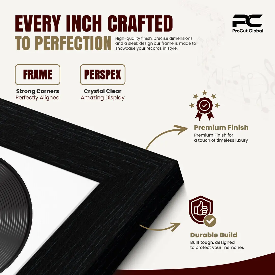 25x17" Modern Black Vinyl Record Frame For 12 Inch LP Cover & Disc (Overlapped) With Ice White Mount | Elegant Music Display thumbnail 7