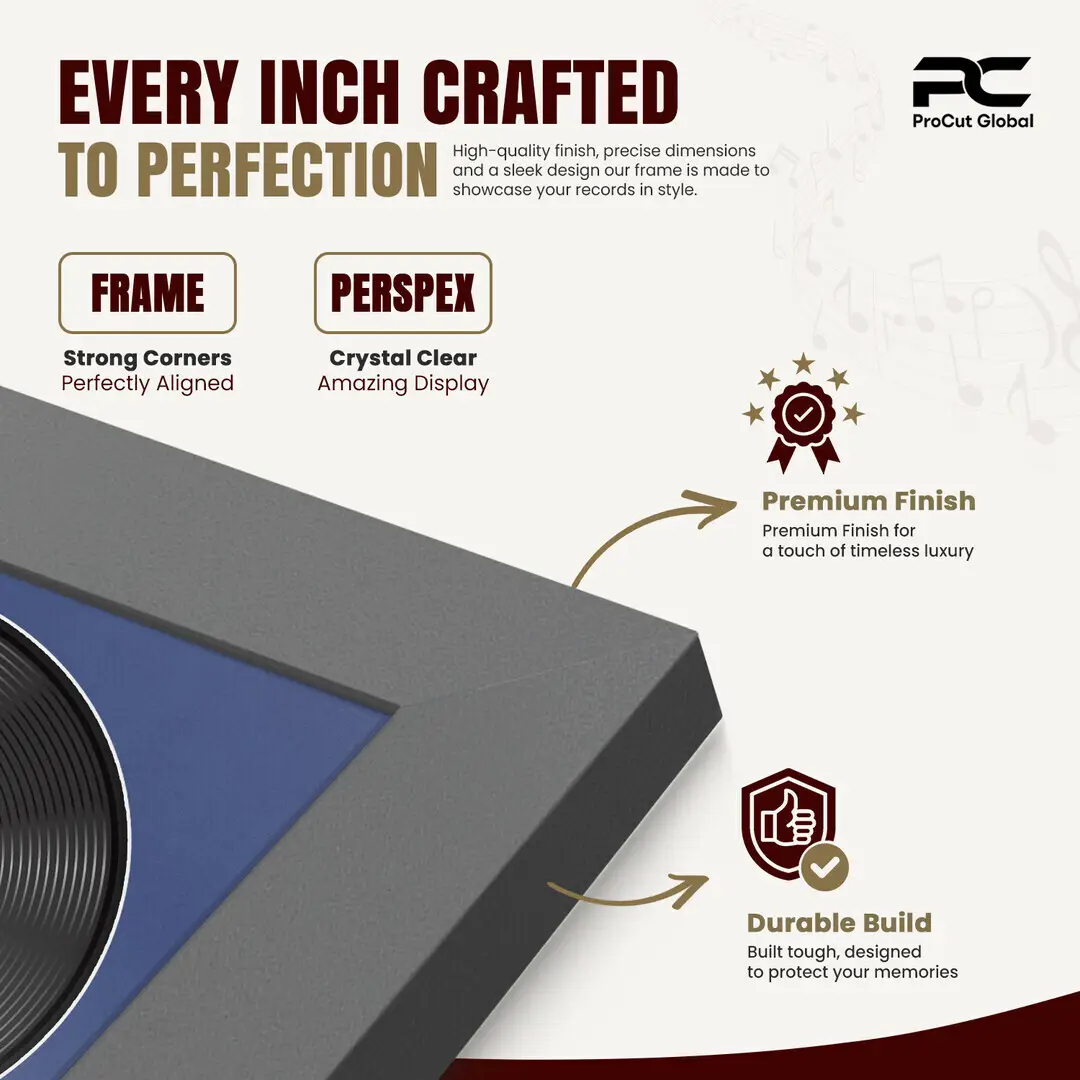 25x17" Modern Dark Grey Vinyl Record Frame For 12 Inch LP Cover & Disc With Blue Mount | Overlapped Vinyl Display thumbnail 7