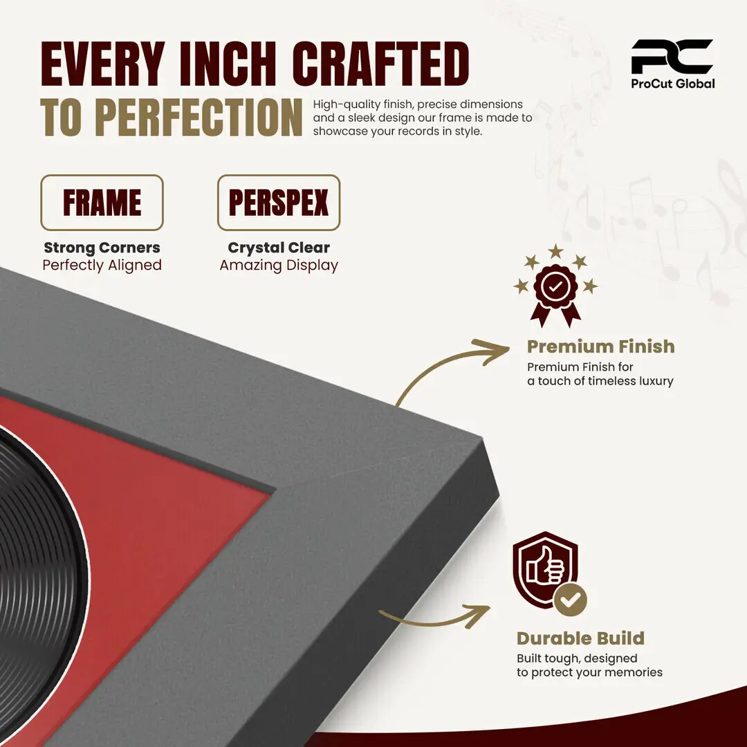 25x17" Modern Dark Grey Vinyl Record Frame For 12 Inch LP Cover & Disc (Overlapped) With Crimson Mount | Elegant Music Display thumbnail 7