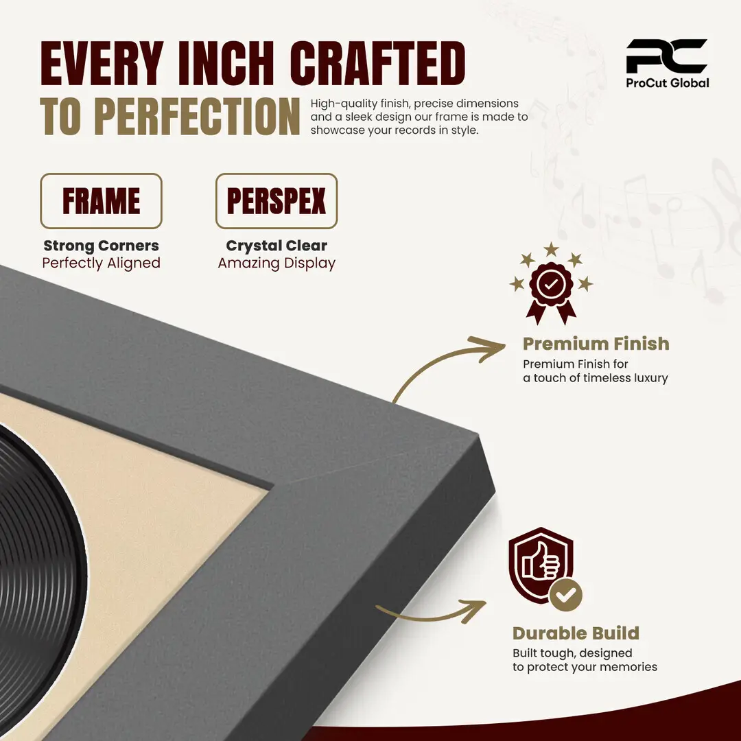 25x17" Modern Dark Grey Vinyl Record Frame For 12 Inch LP Cover & Disc (Overlapped) With Ivory Mount | Elegant Music Display thumbnail 7