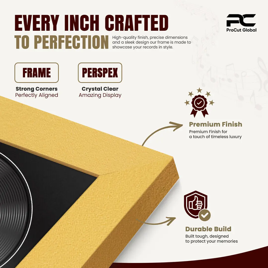 25x17" Modern Gold Vinyl Record Frame For 12 Inch LP Cover & Disc (Overlapped) With Black Mount | Elegant Music Display thumbnail 7