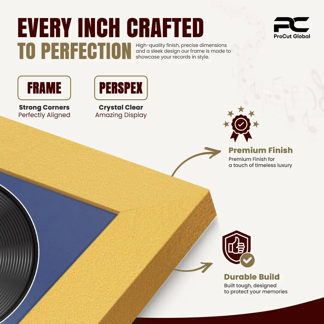 25x17" Modern Gold Vinyl Record Frame For 12 Inch LP Cover & Disc (Overlapped) With Blue Mount | Elegant Music Display thumbnail 7