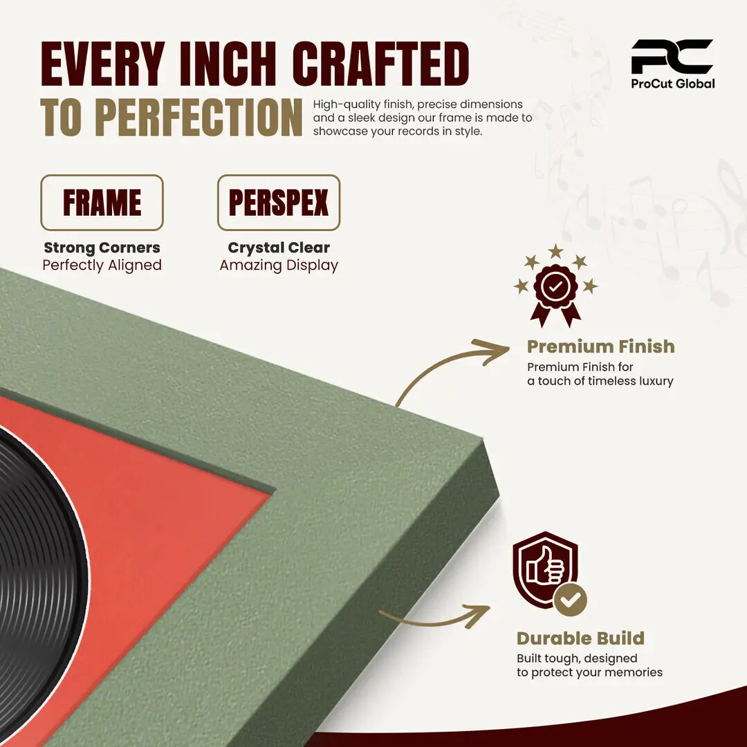 25x17" Modern Green Vinyl Record Frame For 12 Inch LP Cover & Disc With Poppy Red Mount | Overlapped Vinyl Display thumbnail 7