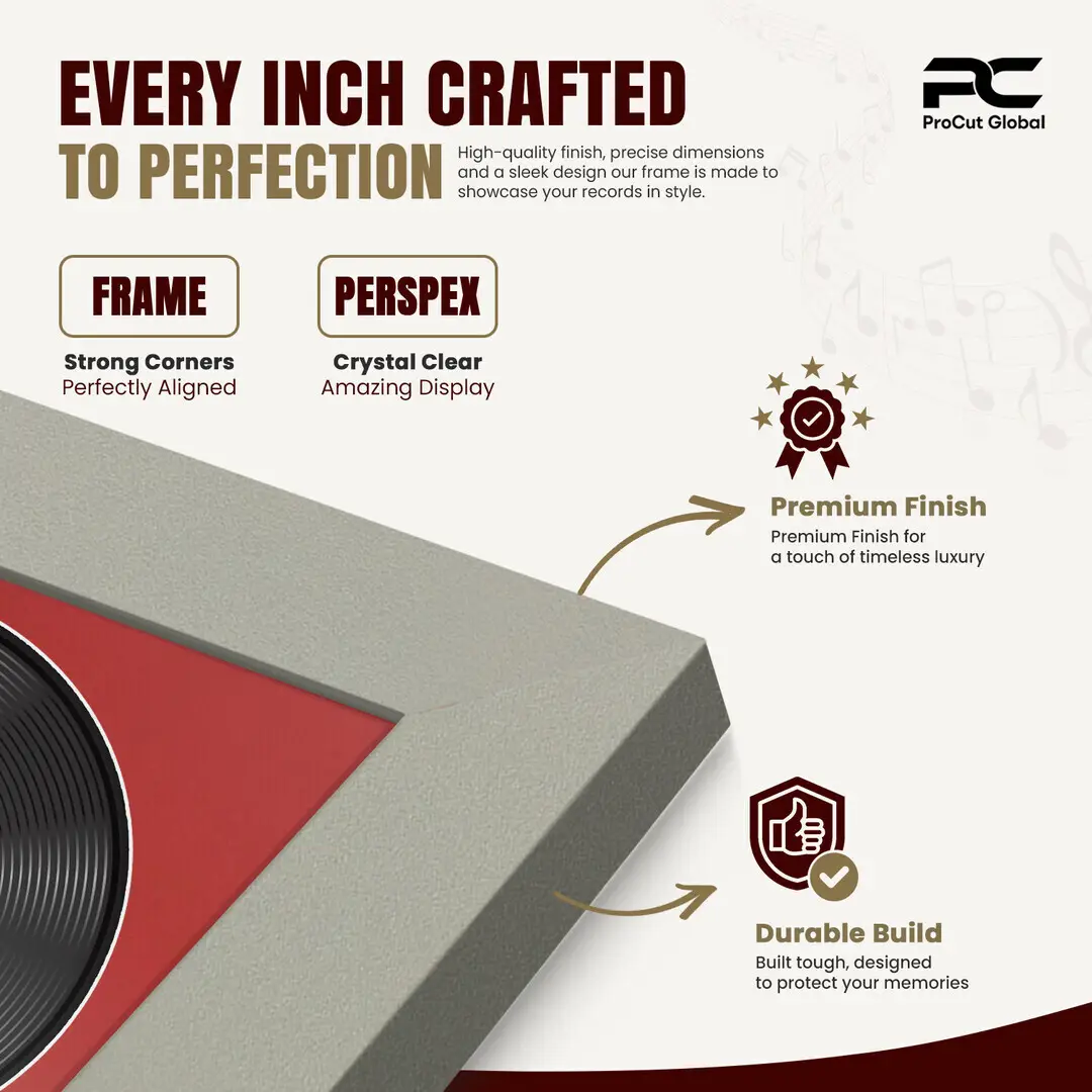25x17" Modern Light Grey Vinyl Record Frame For LP Cover & Disc With Crimson Mount | Overlapped Display thumbnail 7