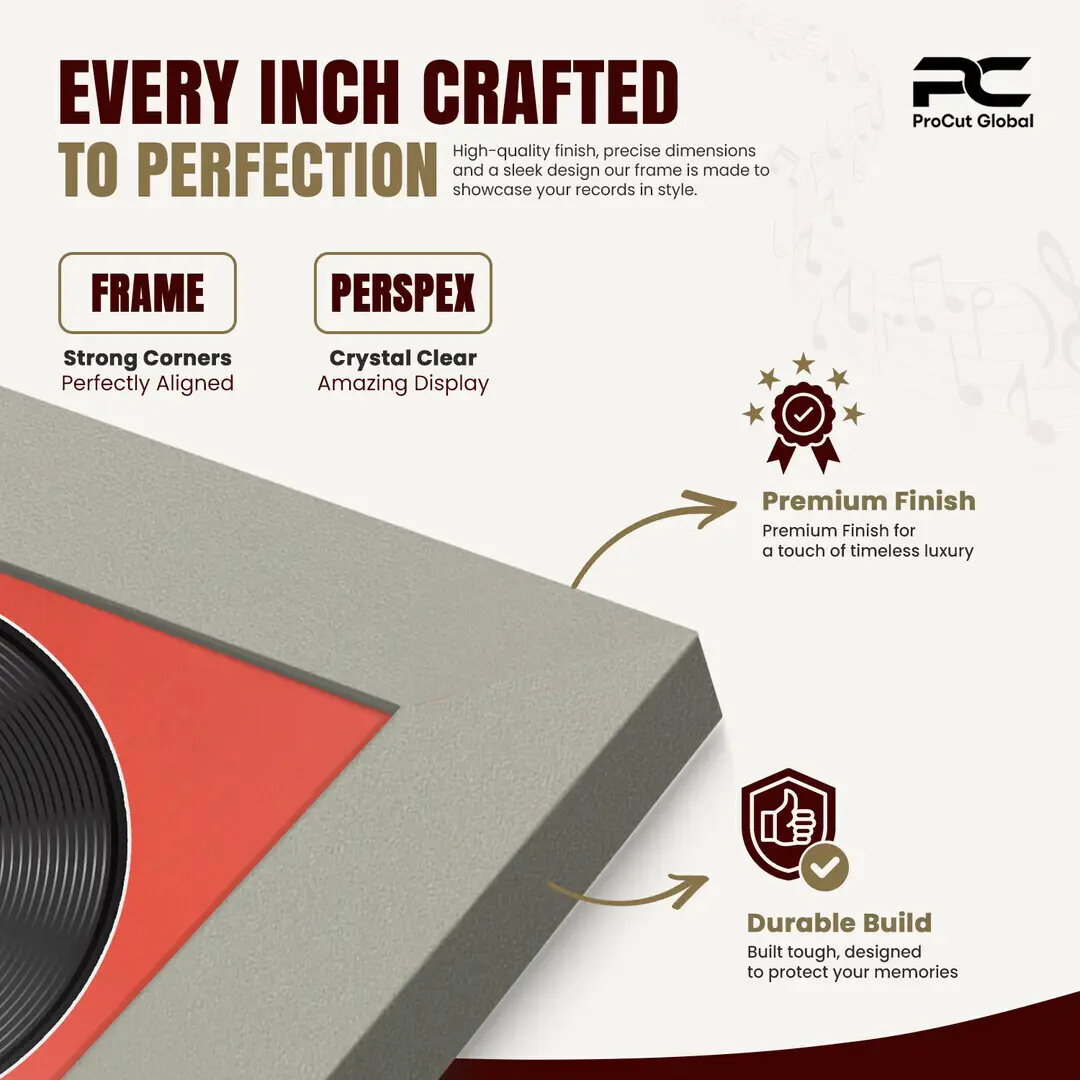 25x17" Modern Light Grey Vinyl Record Frame For 12 Inch LP Cover & Disc With Poppy Red Mount | Overlapped Vinyl Display thumbnail 7