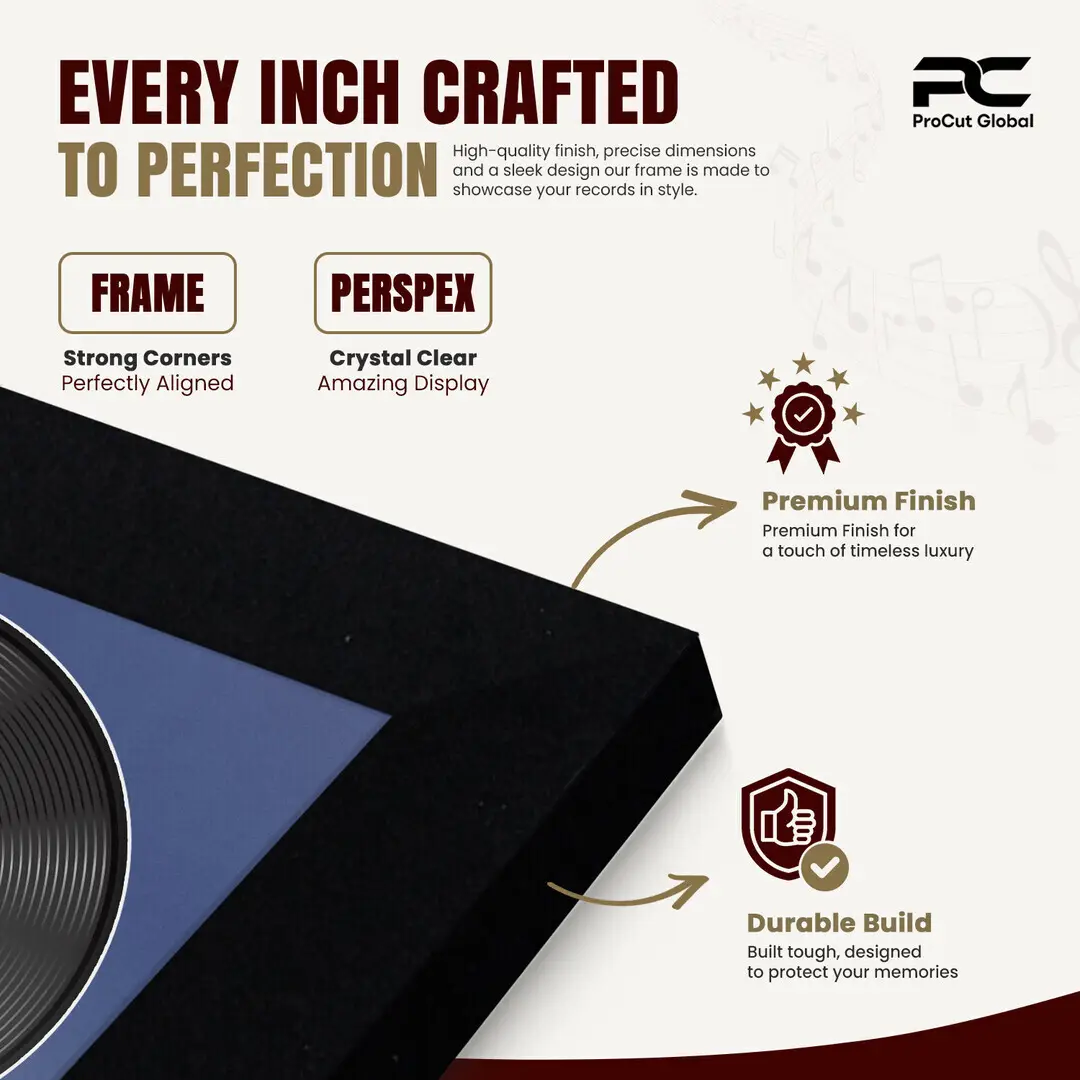 25x17" Modern Matte Black Vinyl Record Frame For LP Cover & Disc With Blue Mount | Overlapped Display thumbnail 7