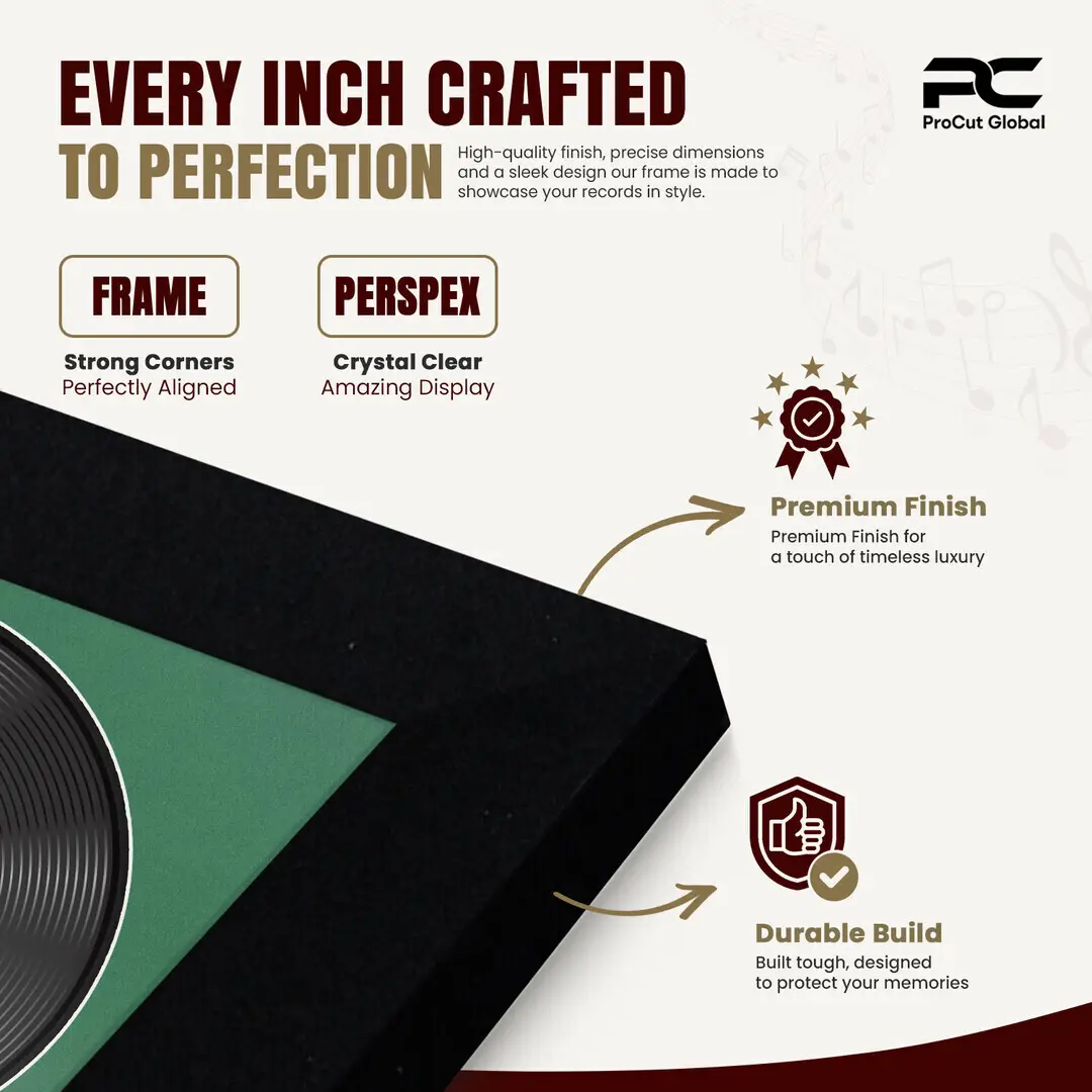 25x17" Modern Matte Black Vinyl Record Frame For 12 Inch LP Cover & Disc (Overlapped) With Emerald (Green) Mount | Elegant Music Display thumbnail 7
