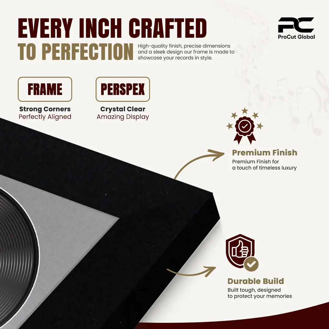 25x17" Modern Matte Black Vinyl Record Frame For 12 Inch LP Cover & Disc With Mid Grey Mount | Overlapped Vinyl Display thumbnail 7