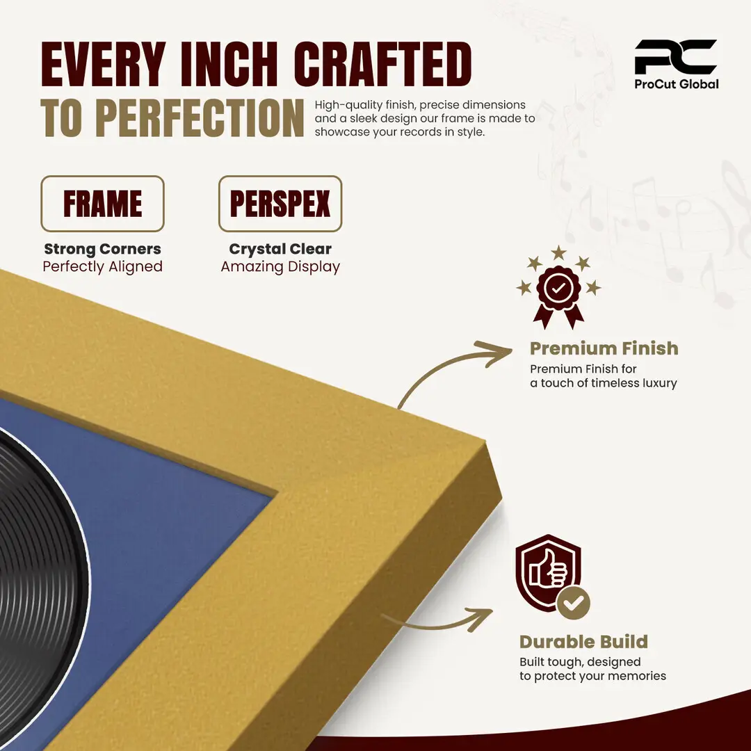 25x17" Modern Mustard Yellow Vinyl Record Frame For LP Cover & Disc With Blue Mount | Overlapped Display thumbnail 7