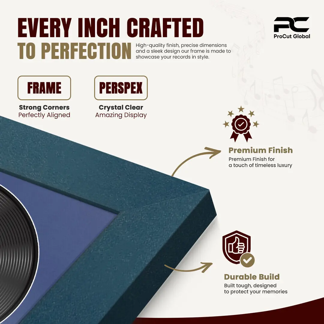 25x17" Modern Navy Blue Vinyl Record Frame For 12 Inch LP Cover & Disc With Blue Mount | Overlapped Vinyl Display thumbnail 7