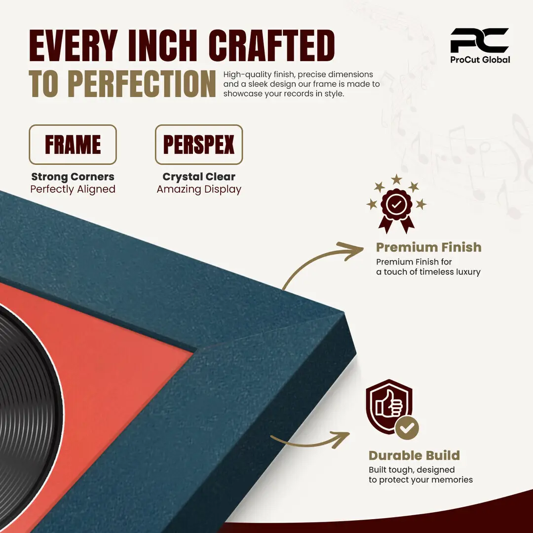 25x17" Modern Navy Blue Vinyl Record Frame For 12 Inch LP Cover & Disc (Overlapped) With Poppy Red Mount | Elegant Music Display thumbnail 7