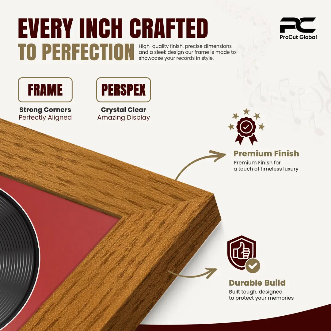 25x17" Modern Oak Vinyl Record Frame For 12 Inch LP Cover & Disc (Overlapped) With Crimson Mount | Elegant Music Display thumbnail 7