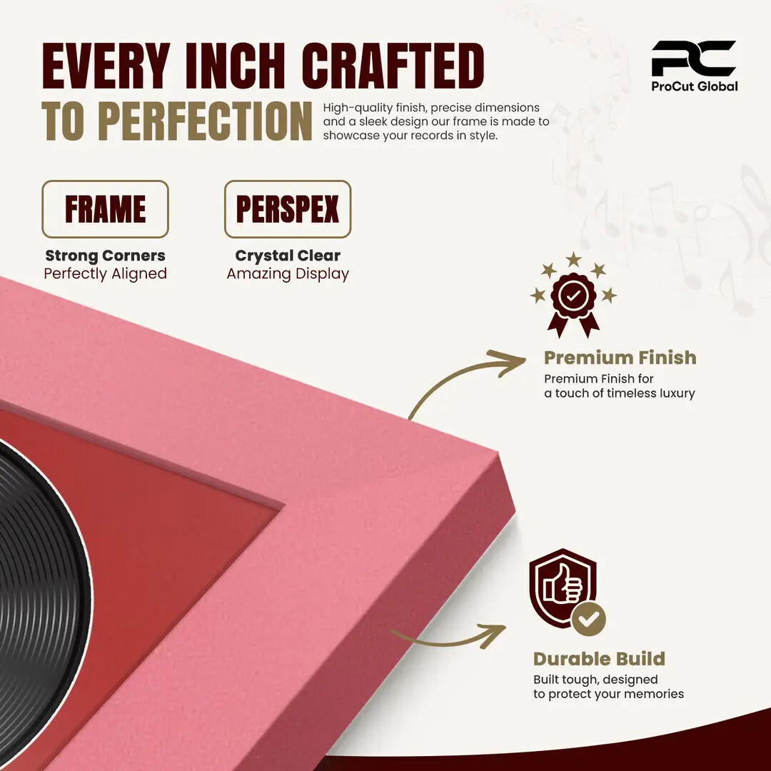 25x17" Modern Pastel Pink Vinyl Record Frame For 12 Inch LP Cover & Disc With Crimson Mount | Overlapped Vinyl Display thumbnail 7