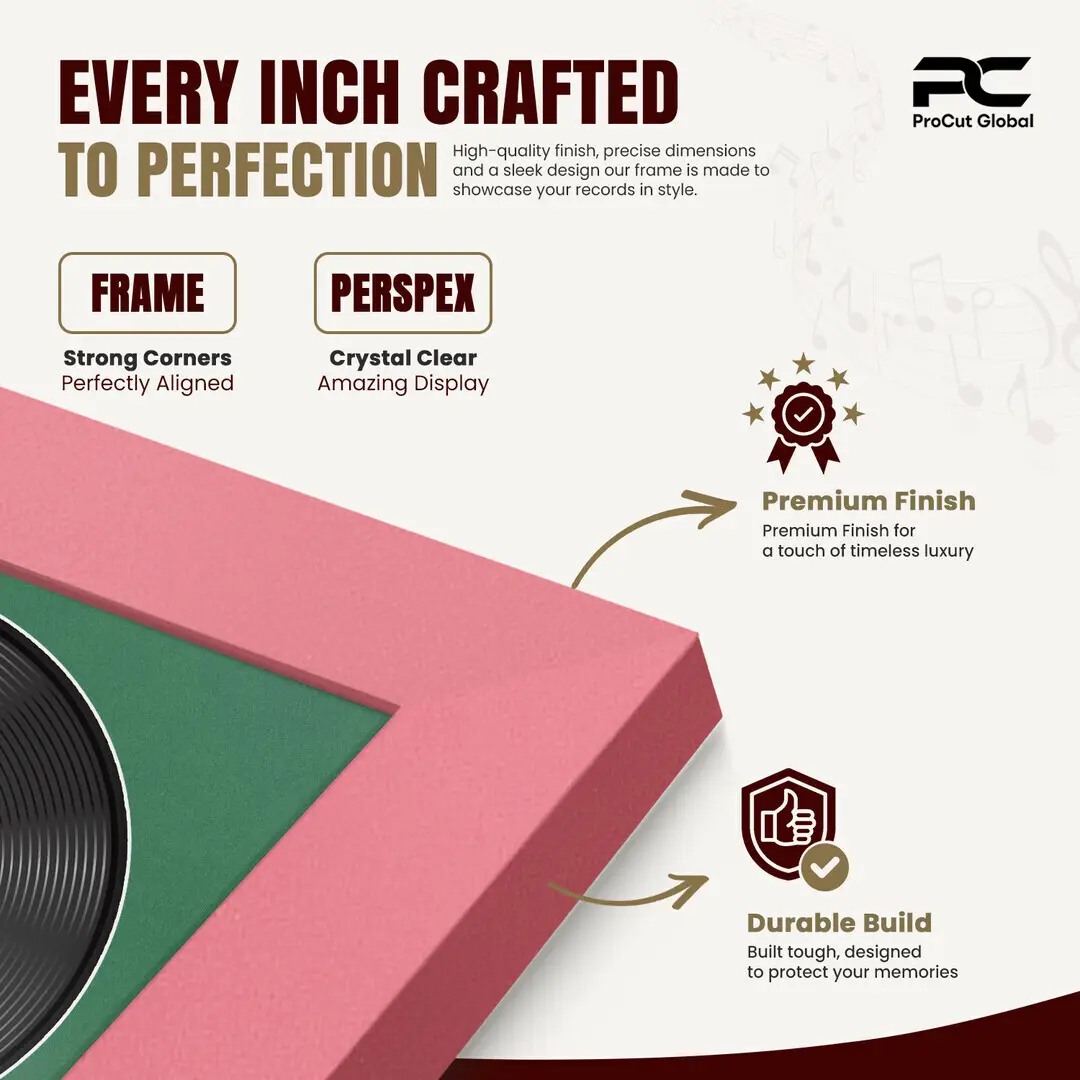 25x17" Modern Pastel Pink Vinyl Record Frame For LP Cover & Disc With Emerald (Green) Mount | Overlapped Display thumbnail 7