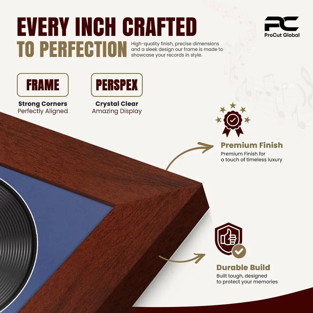 25x17" Modern Rose Wood Vinyl Record Frame For 12 Inch LP Cover & Disc (Overlapped) With Blue Mount | Elegant Music Display thumbnail 7